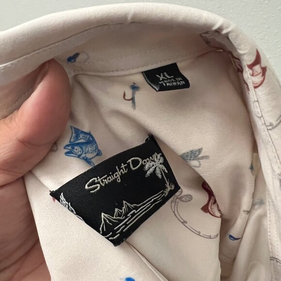 Straight Down Beige Fishing Salmon Lyre Print Short Sleeve Button Shirt XL - Picture 5 of 7